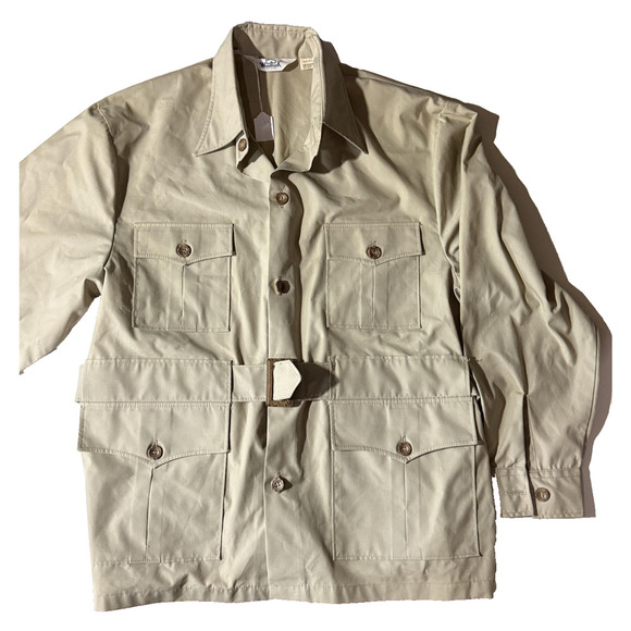 Vintage Woolrich Jacket Mens XL Tan Safari Belted Hunting Utility Pockets 70s - Picture 2 of 10